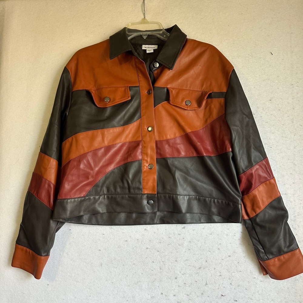 Neon Rose Faux Leather Colorblock Jacket Brown Orange Red Retro 70s Style Small